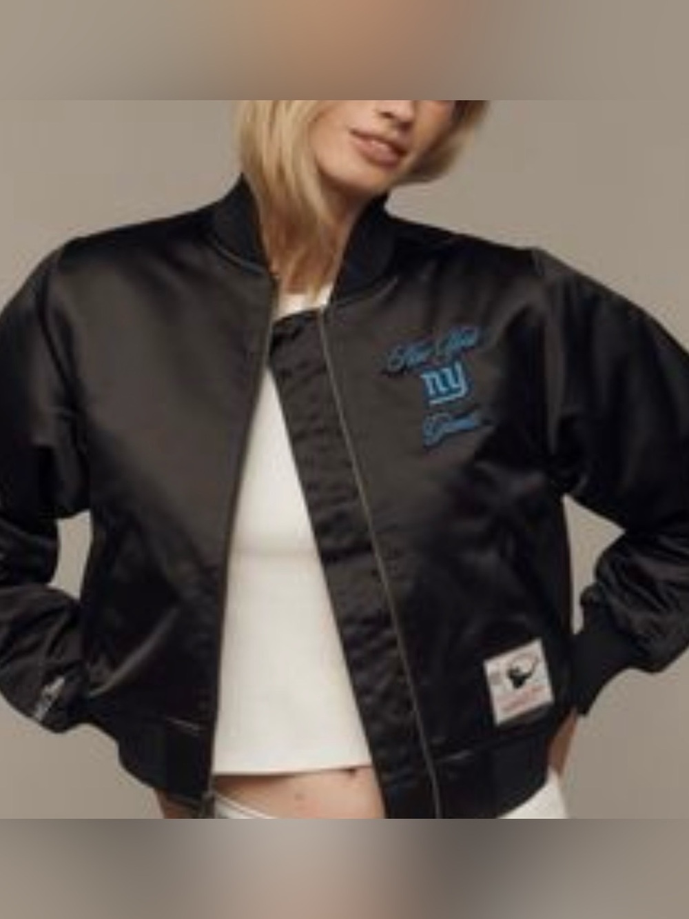 NWT Women’s Mitchell & Ness‎ NFL NY Giants Crop Bomber Jacket Black Throwback S.